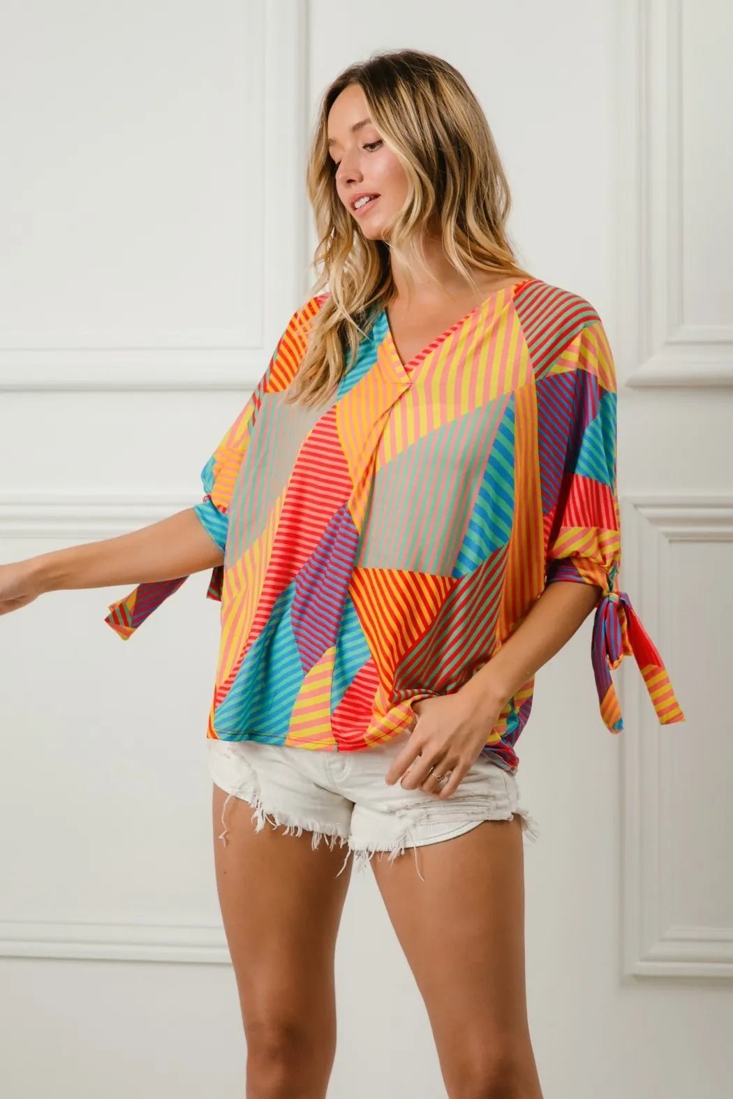 Crowned Energy CO. RED/YELLOW/GRN / S Trendsi Tops/Blouses & Shirts BiBi Multi Stripe Block Printed Jersey Blouse with Tied Sleeves