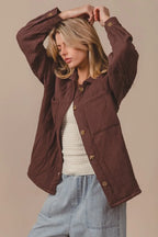 BiBi Quilted Wrinkle Gauze Long Sleeve Shacket - Goddess Vibes