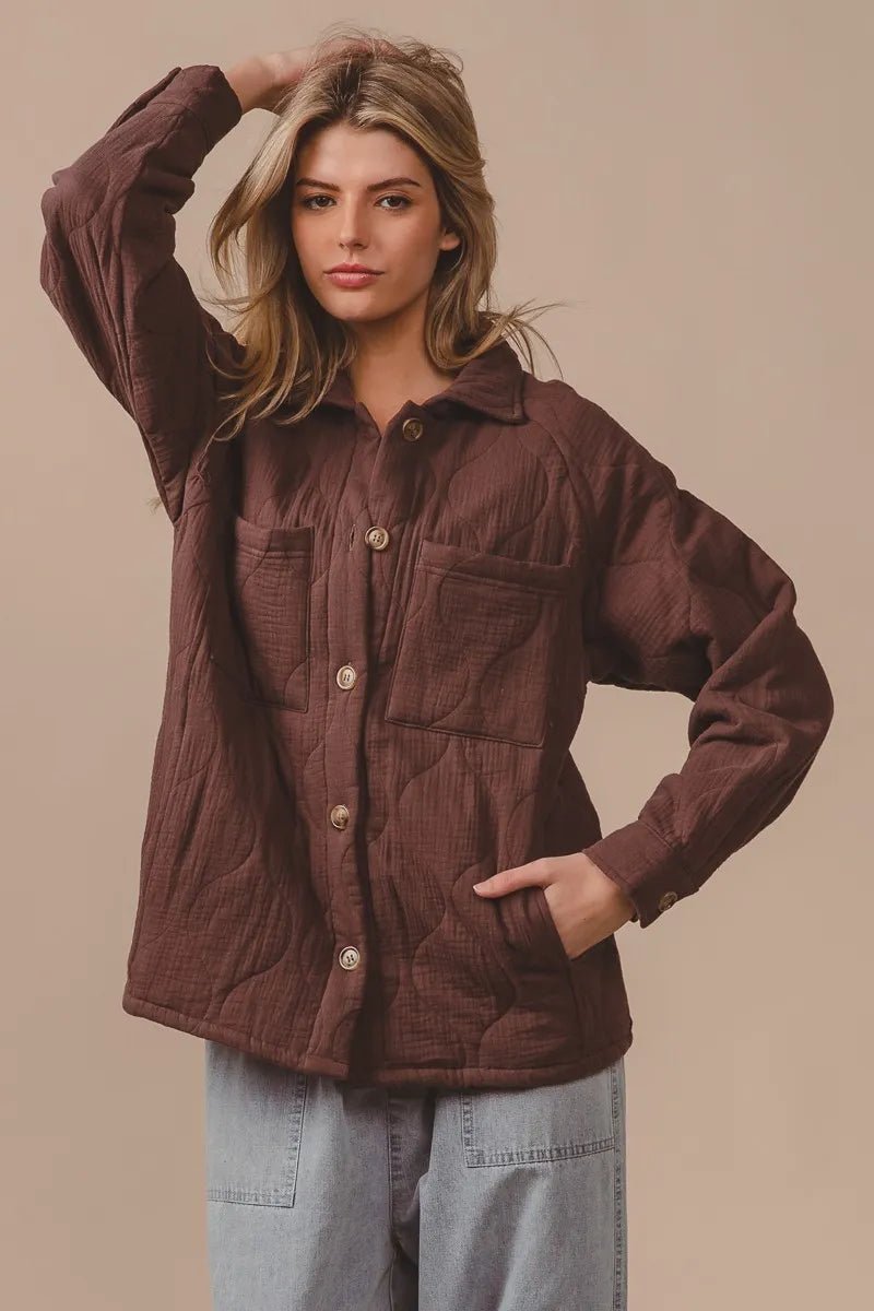 BiBi Quilted Wrinkle Gauze Long Sleeve Shacket - Goddess Vibes