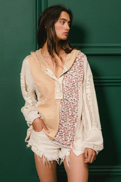 BiBi Slub Jersey with Lace Combo Buttoned Hoodie Top - Goddess Vibes