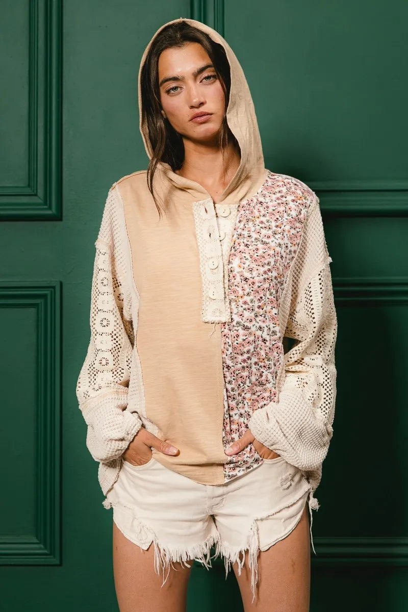 BiBi Slub Jersey with Lace Combo Buttoned Hoodie Top - Goddess Vibes