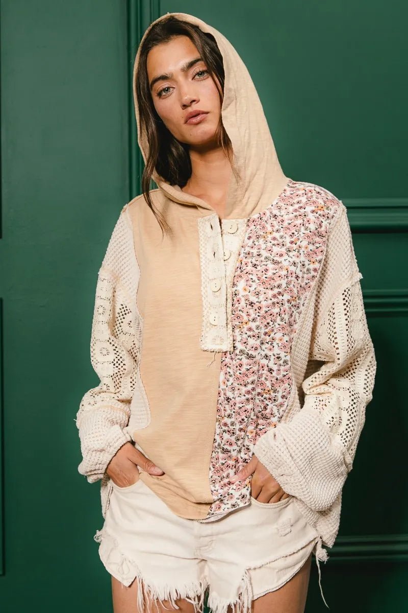 BiBi Slub Jersey with Lace Combo Buttoned Hoodie Top - Goddess Vibes