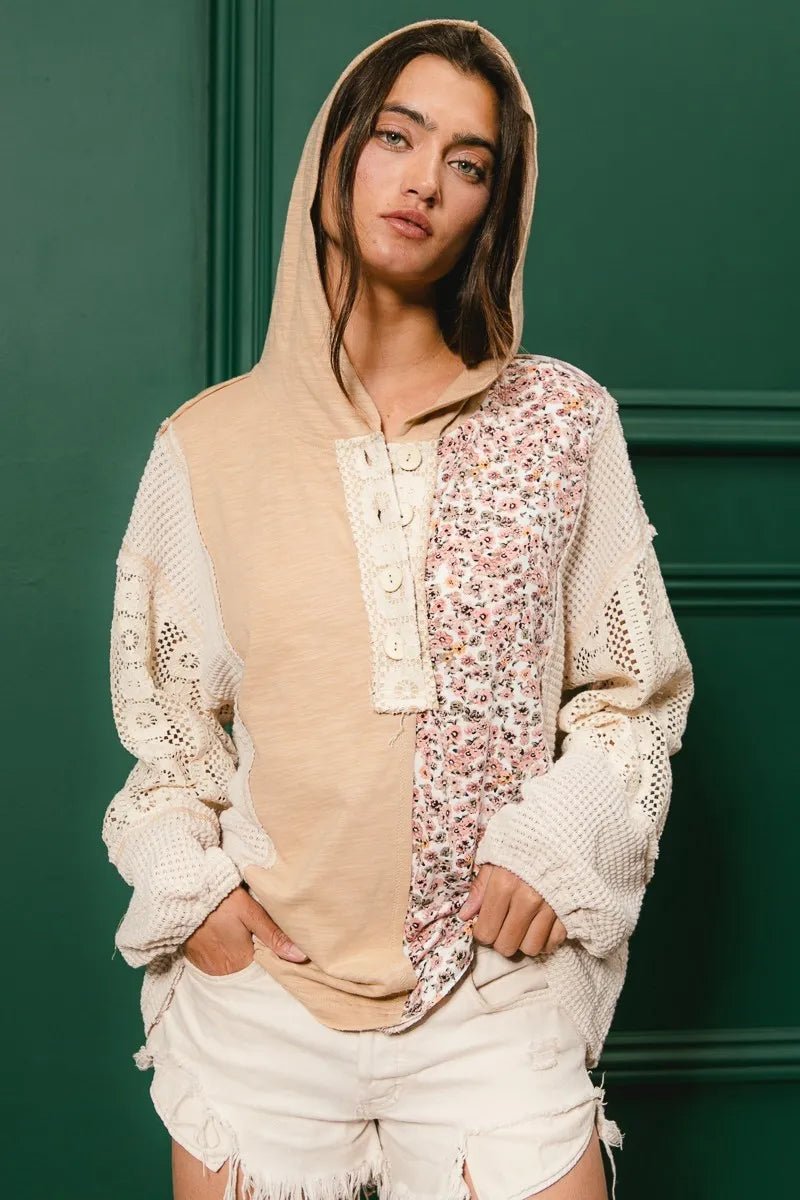 BiBi Slub Jersey with Lace Combo Buttoned Hoodie Top - Goddess Vibes