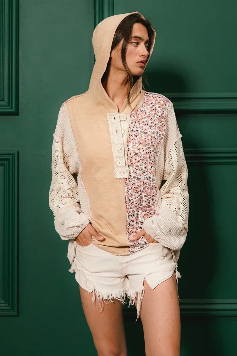 BiBi Slub Jersey with Lace Combo Buttoned Hoodie Top - Goddess Vibes