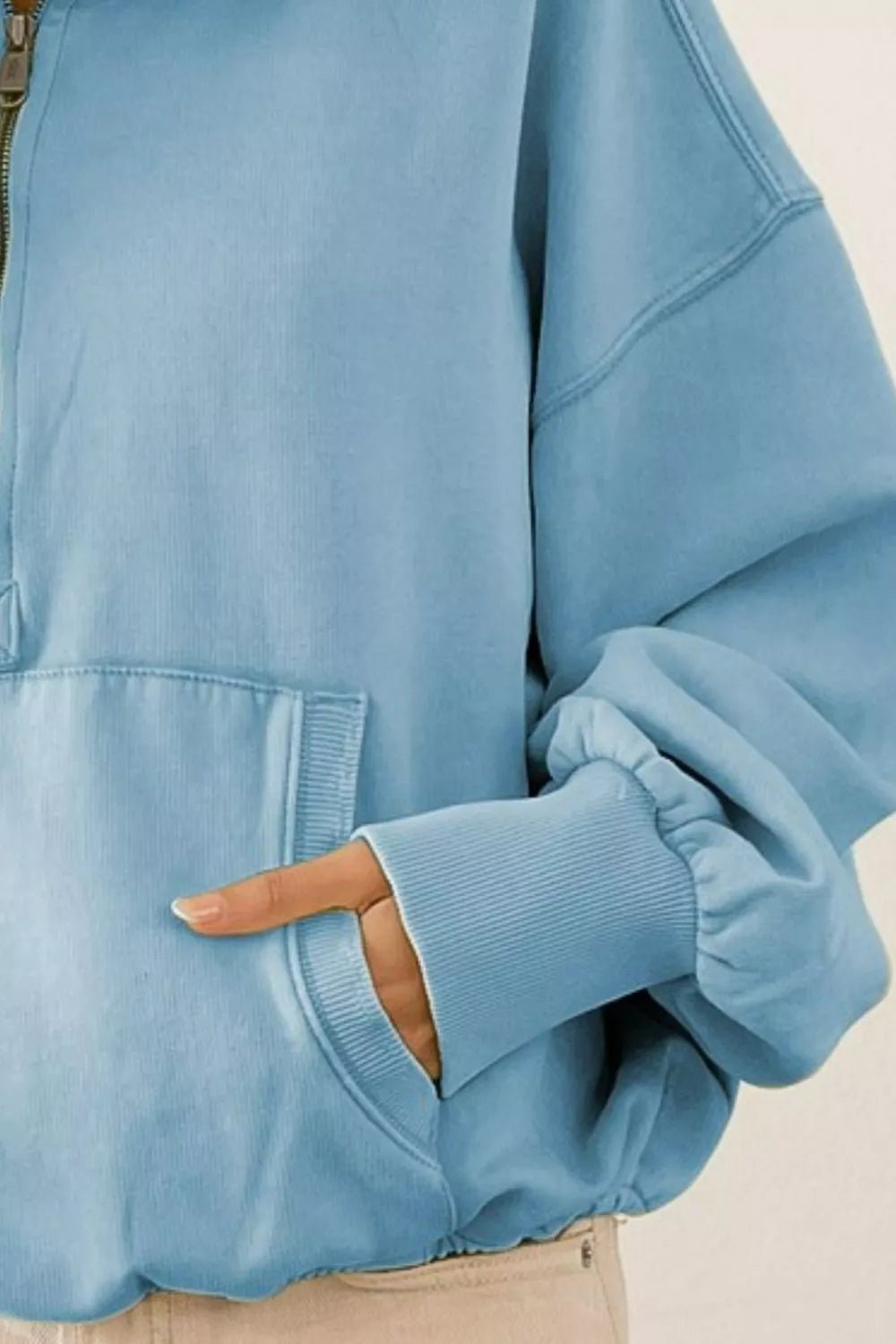BiBi Stitch Detailed Elastic Hem Half Zip Fleece Hoodie - Crowned Energy CO.