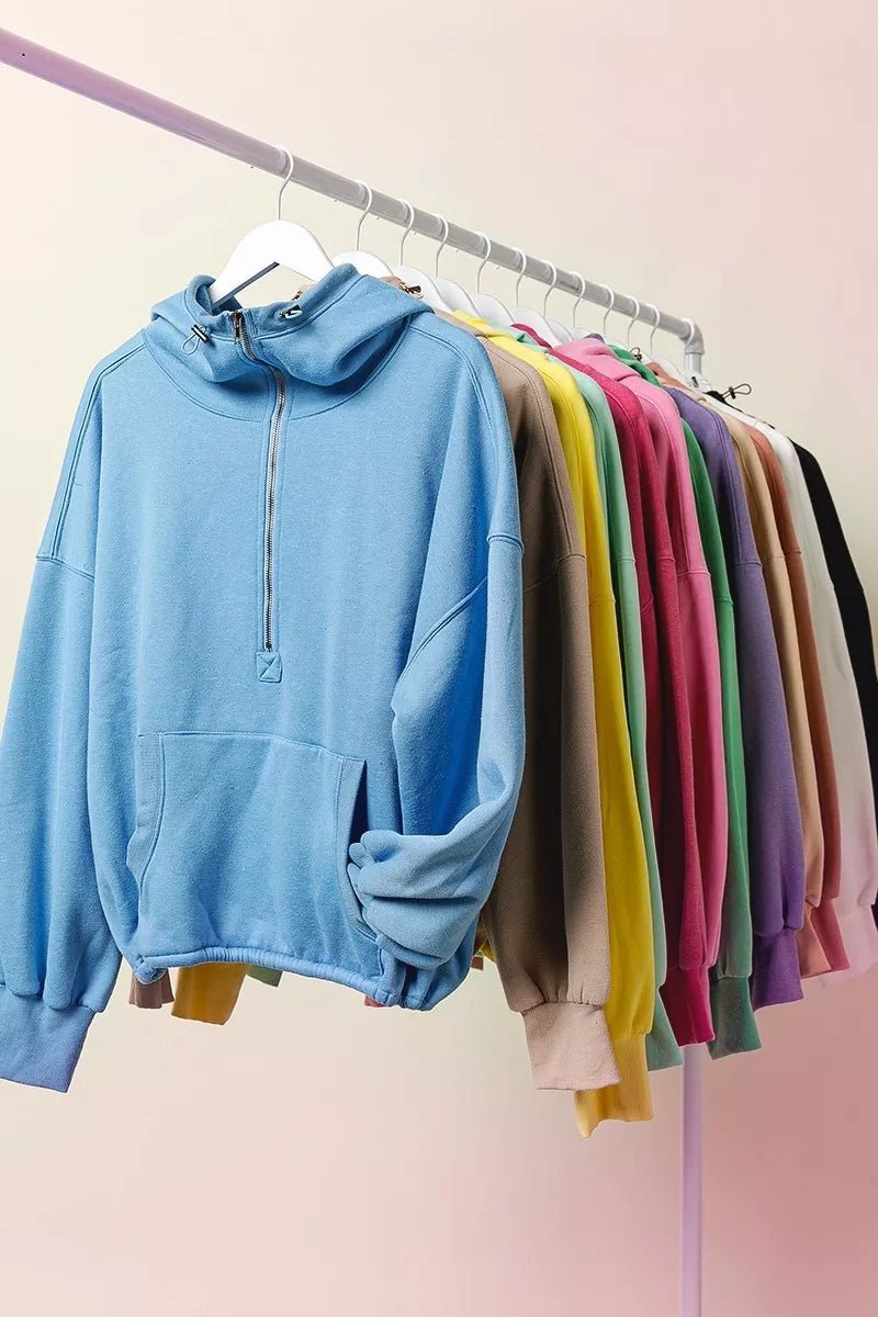 BiBi Stitch Detailed Elastic Hem Half Zip Fleece Hoodie - Crowned Energy CO.