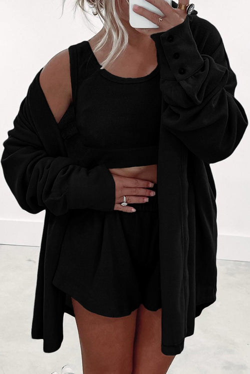 Crowned Energy CO. Black / S / 75%Polyester+20%Viscose+5%Elastane Dear-Lover Dropshipping Loungewear & Sleepwear/Loungewear Black 3 Pcs Crop Tank Top Shorts with Cardigan Lounge Set