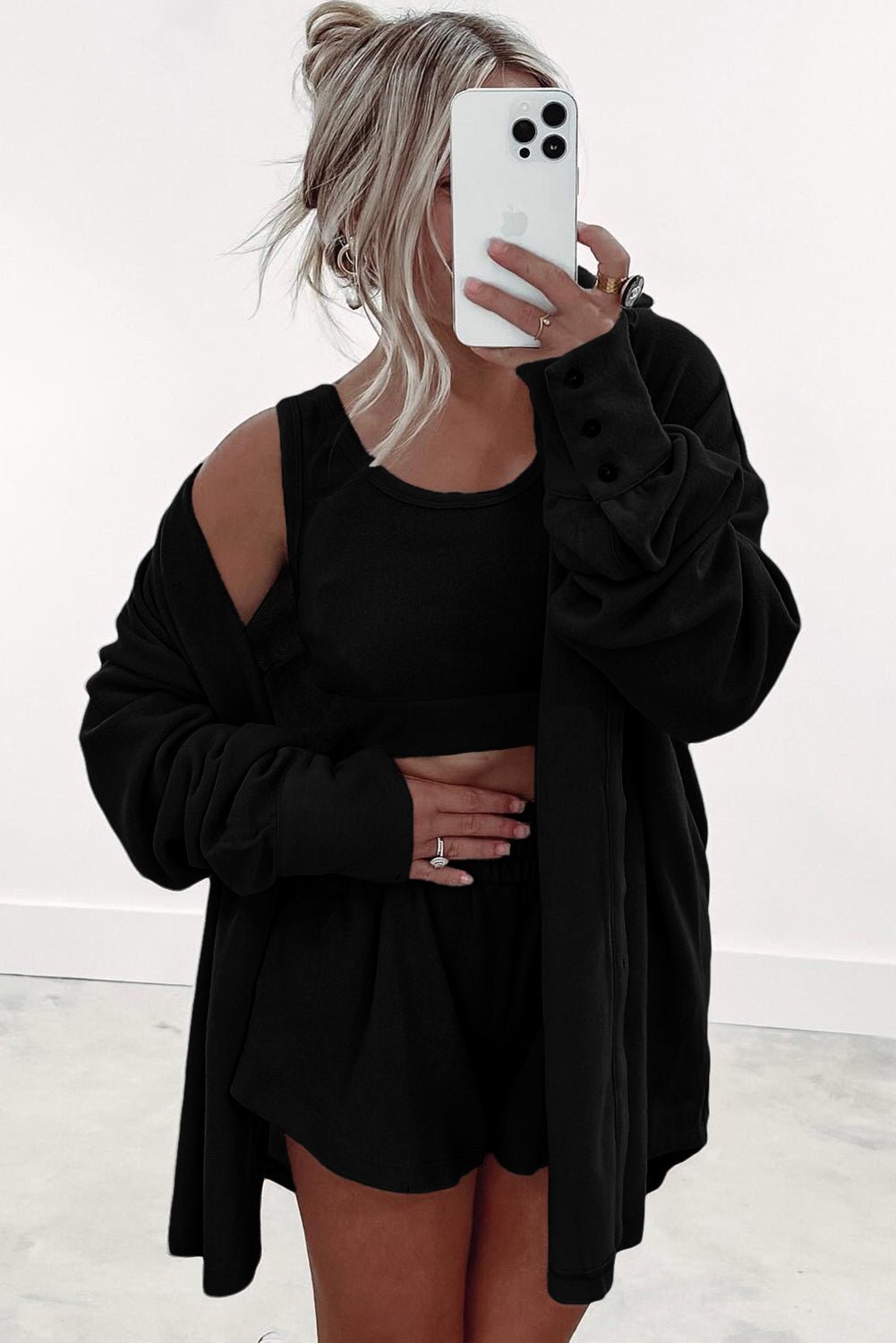 Black 3 Pcs Crop Tank Top Shorts with Cardigan Lounge Set - Crowned Energy CO.