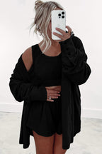 Black 3 Pcs Crop Tank Top Shorts with Cardigan Lounge Set - Crowned Energy CO.