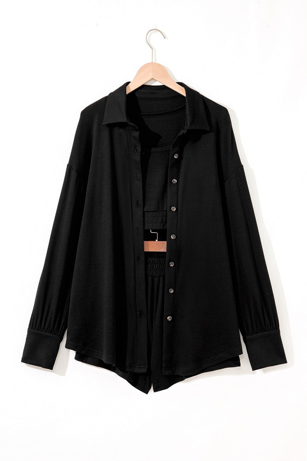 Black 3 Pcs Crop Tank Top Shorts with Cardigan Lounge Set - Crowned Energy CO.