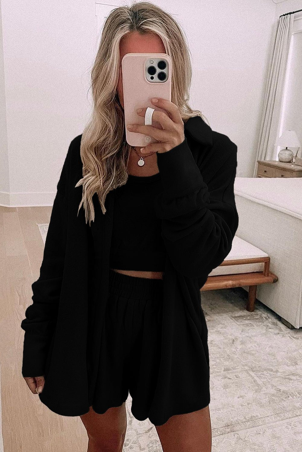 Black 3 Pcs Crop Tank Top Shorts with Cardigan Lounge Set - Crowned Energy CO.