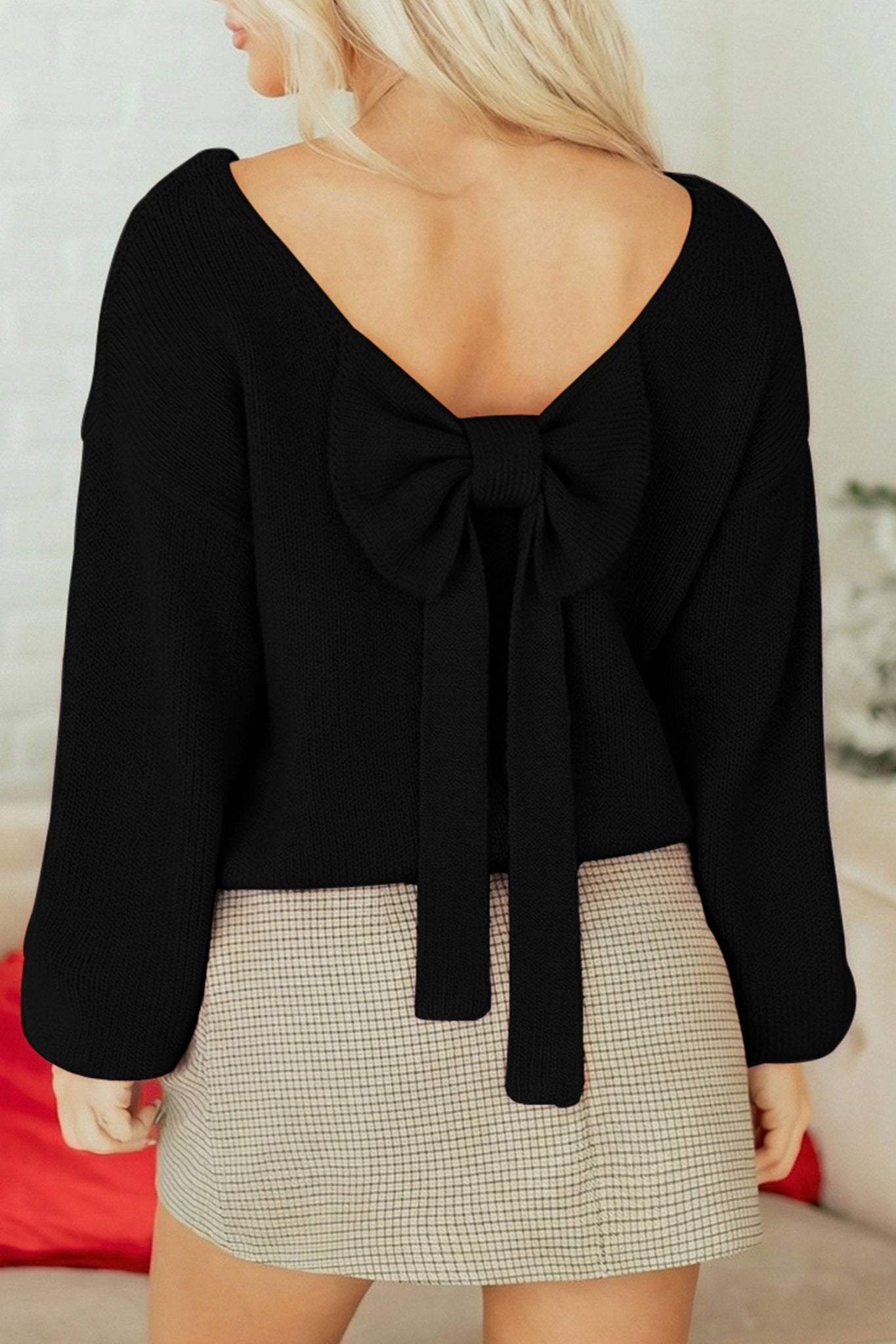 Black Bow Backless Bubble Sleeve Sweater - Crowned Energy CO.