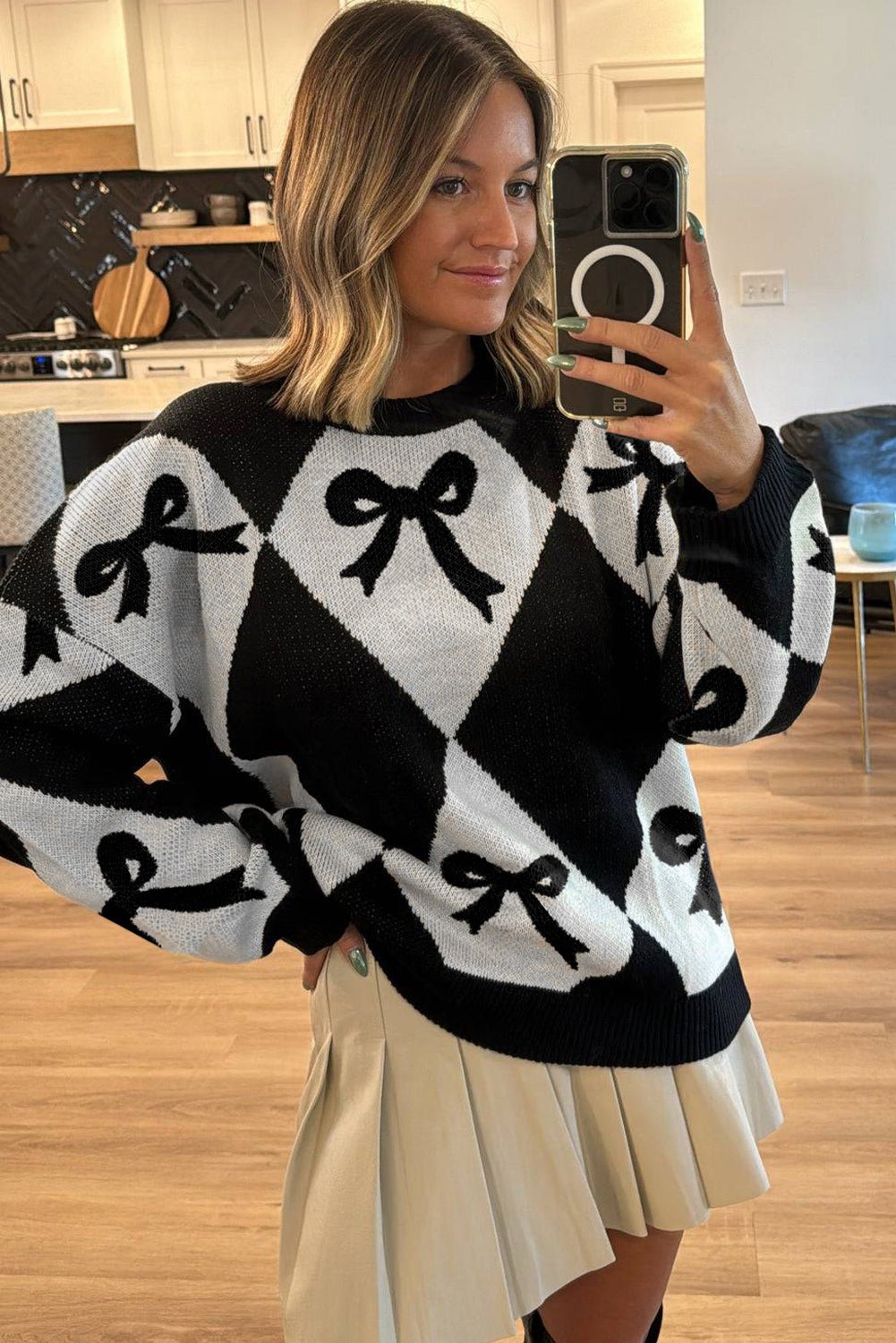 Black Bow Print 2 - tone Rhombus Knit Loose Sweater - Crowned Energy CO.