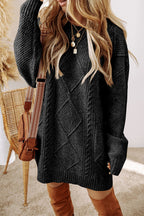 Black Cable Knit Drop Shoulder Loose Fit Sweater Dress - Goddess Vibes