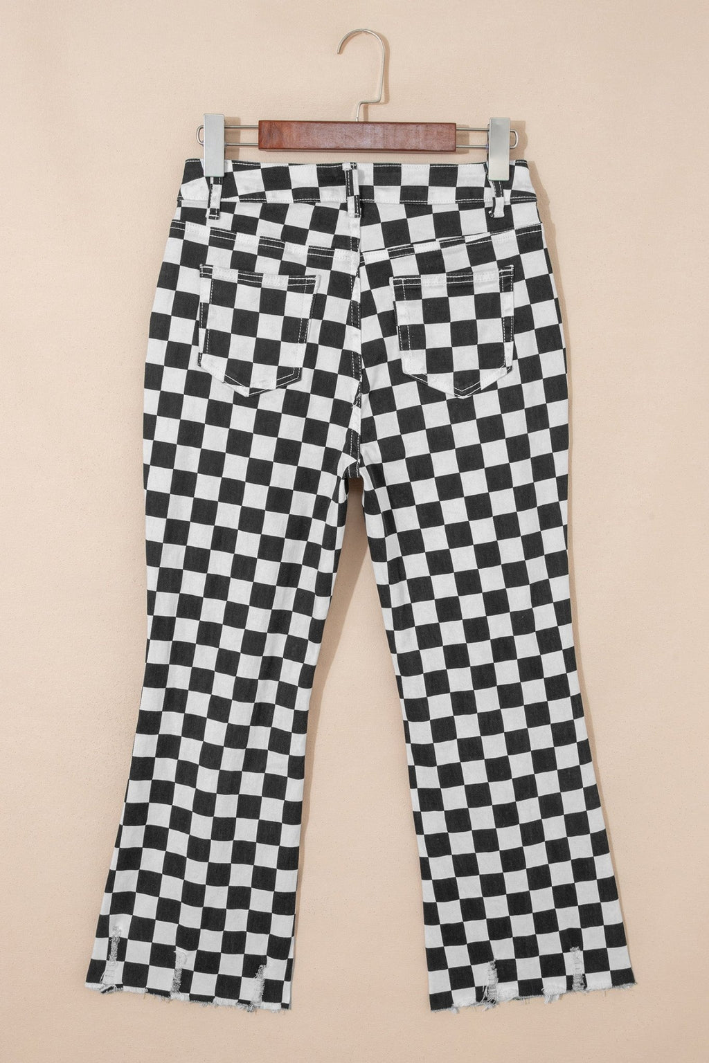 Black Checkerboard Print Distressed Holes Raw Edge Cropped Jeans - Crowned Energy CO.