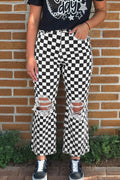 Black Checkerboard Print Distressed Holes Raw Edge Cropped Jeans - Crowned Energy CO.