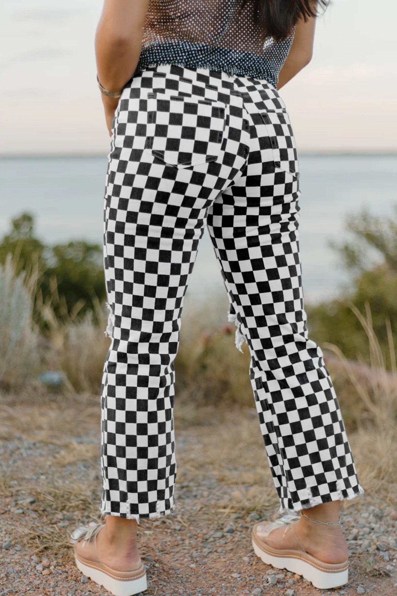 Black Checkerboard Print Distressed Holes Raw Edge Cropped Jeans - Crowned Energy CO.