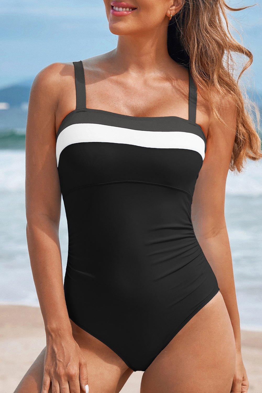 Black Color Block Detail Adjustable Straps One Piece Swimsuit - Crowned Energy CO.