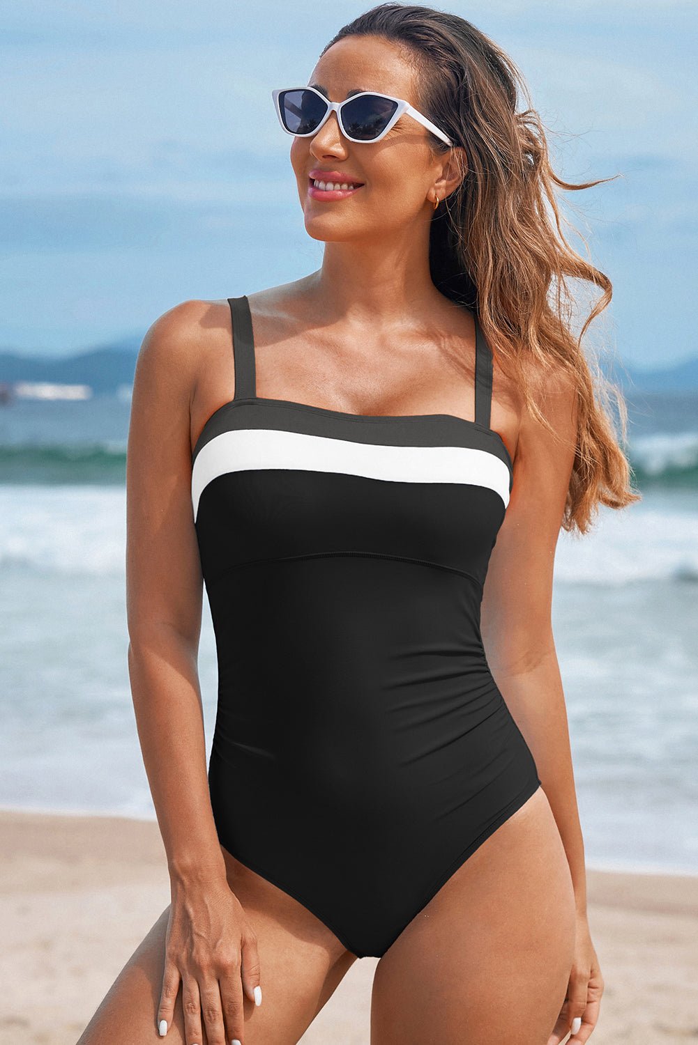 Black Color Block Detail Adjustable Straps One Piece Swimsuit - Crowned Energy CO.