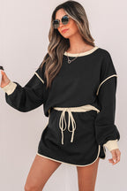 Black Color Contrast Loose Pullover and Lace - up Waist Skort Set - Goddess Vibes