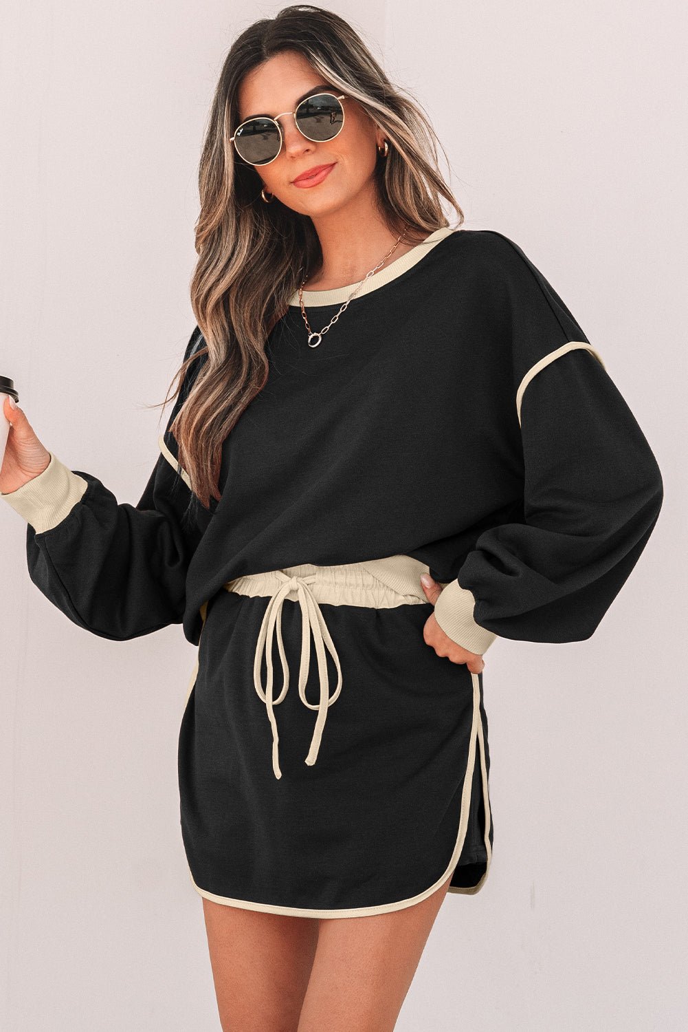 Black Color Contrast Loose Pullover and Lace - up Waist Skort Set - Goddess Vibes