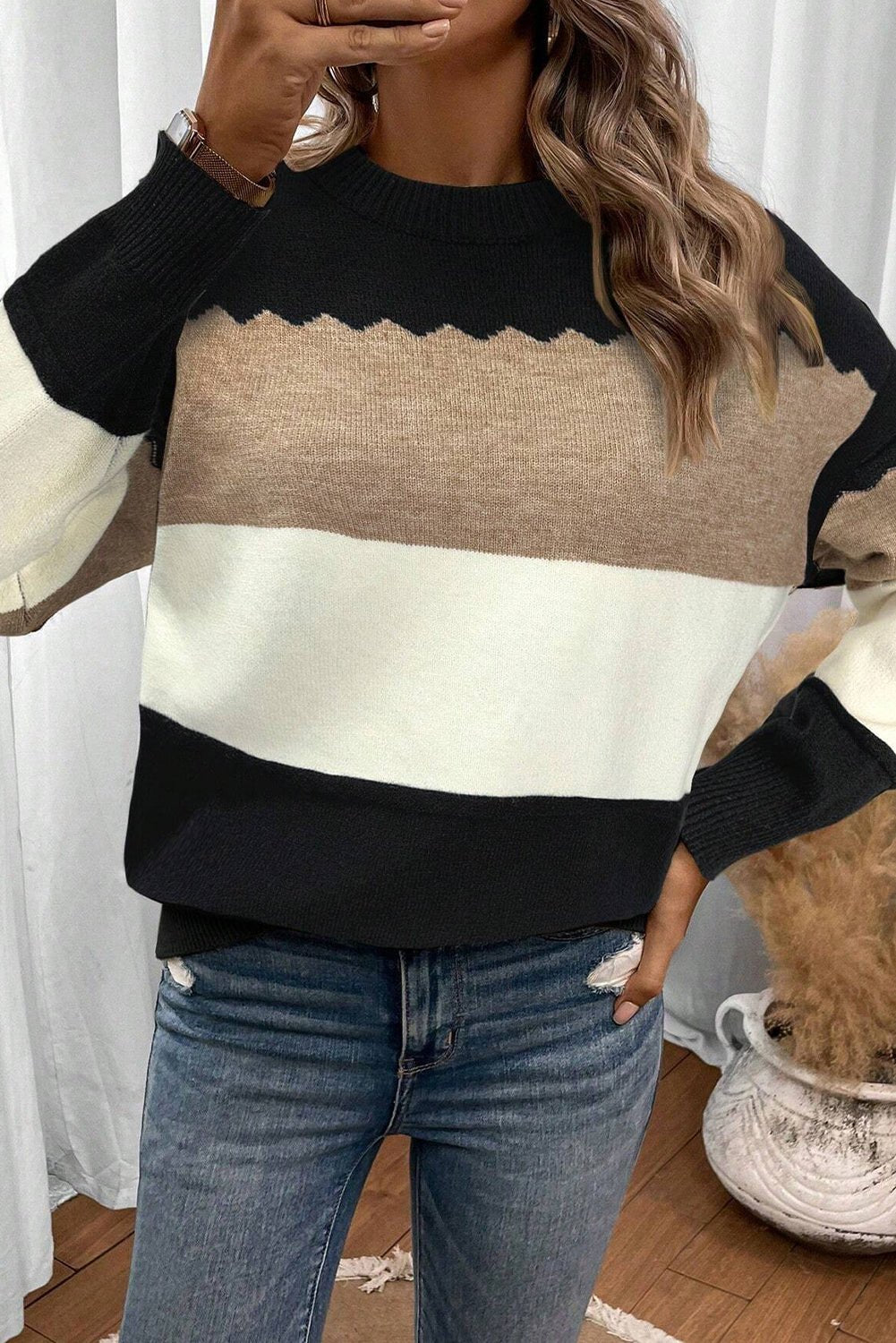 Black Colorblock Crew Neck Drop Shoulder Sweater - Crowned Energy CO.