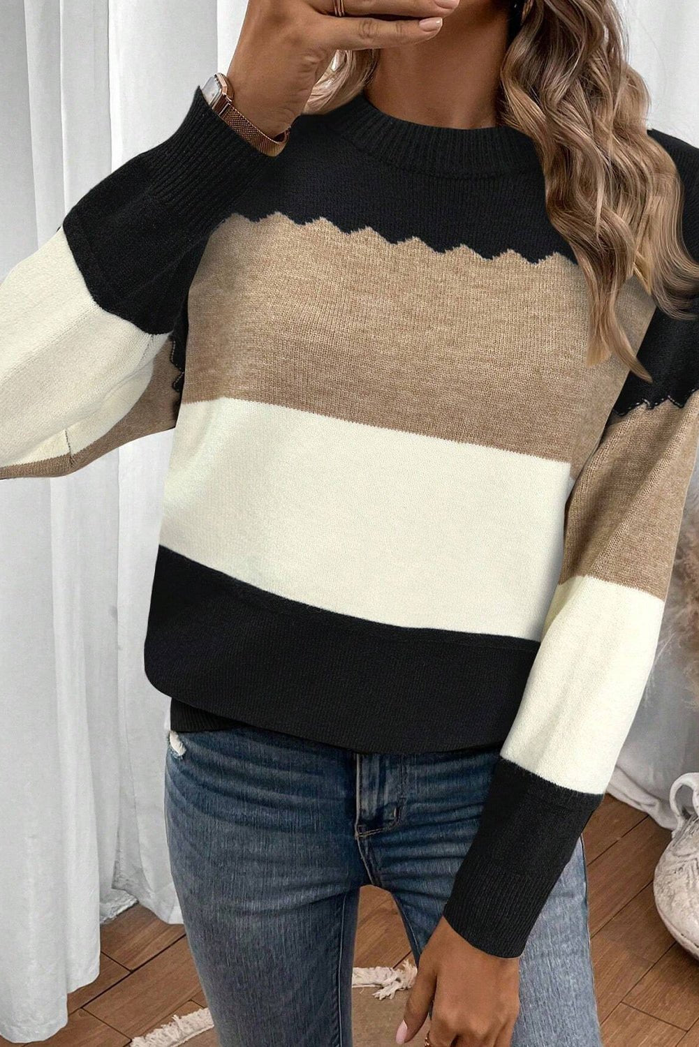 Black Colorblock Crew Neck Drop Shoulder Sweater - Crowned Energy CO.