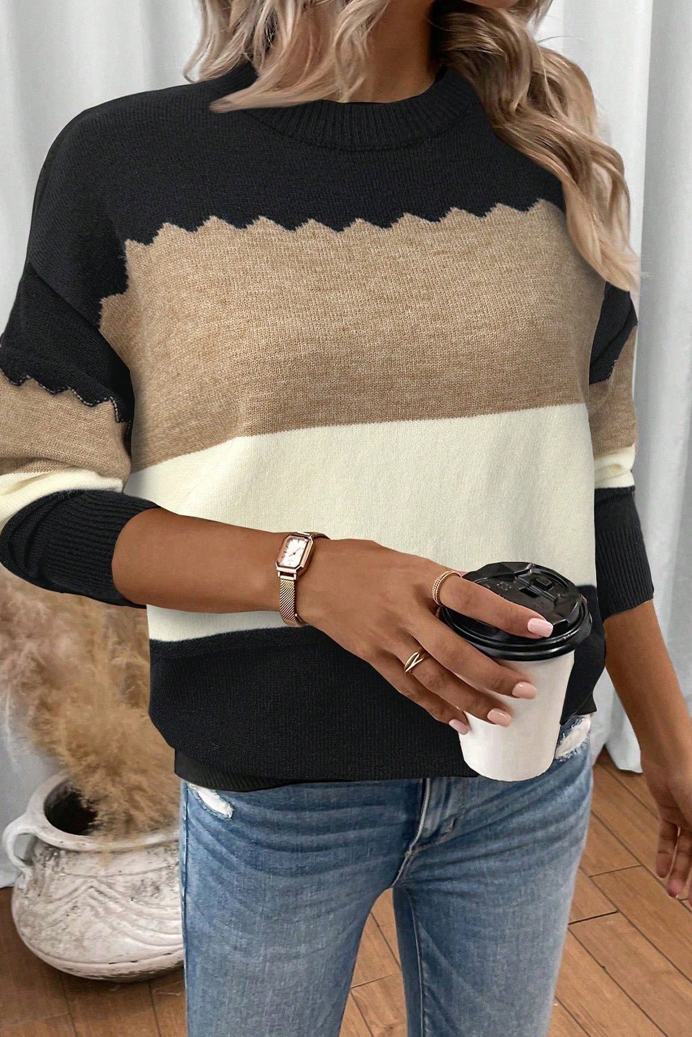 Black Colorblock Crew Neck Drop Shoulder Sweater - Crowned Energy CO.