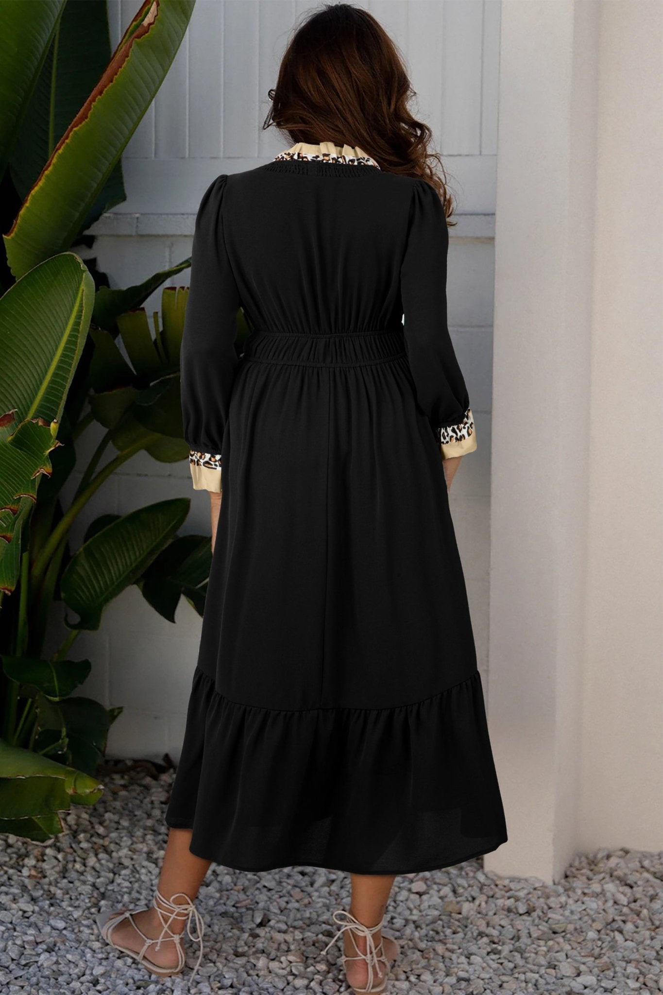 Black Contrast Leopard Frilled Trim V Neck Bracelet Sleeve Midi Dress - Crowned Energy CO.