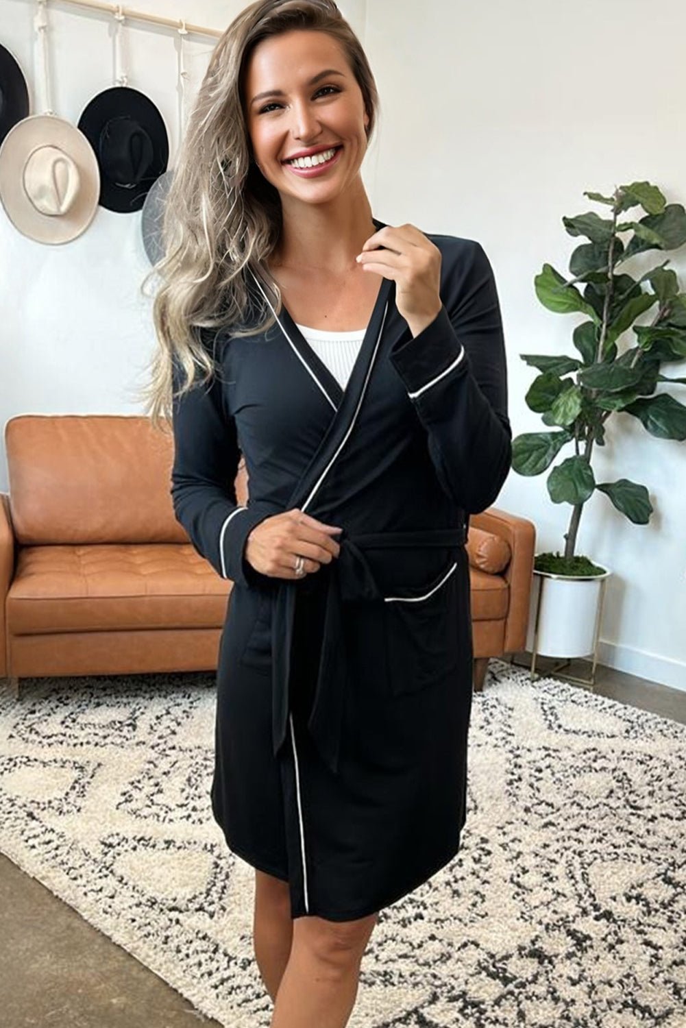 Black Contrast Trim Hooded Lounge Cardigan and Pants Set - Crowned Energy CO.