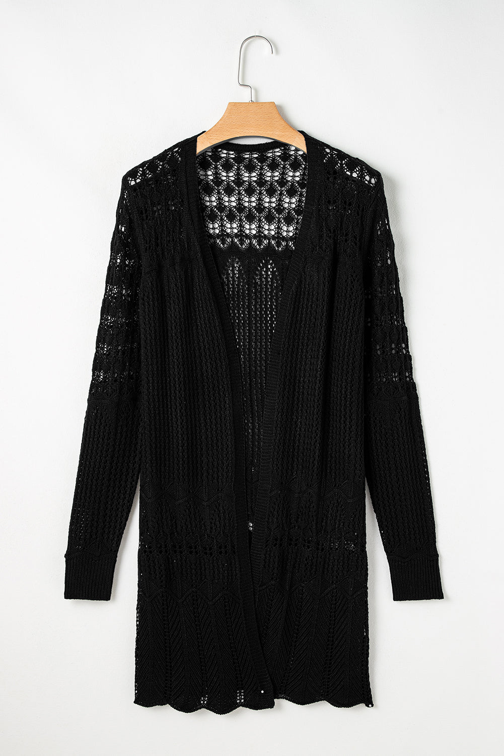 Black Crochet Hollow Out Open Front Cardigan - Crowned Energy CO.