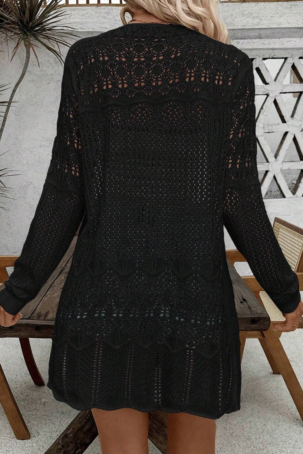 Black Crochet Hollow Out Open Front Cardigan - Crowned Energy CO.