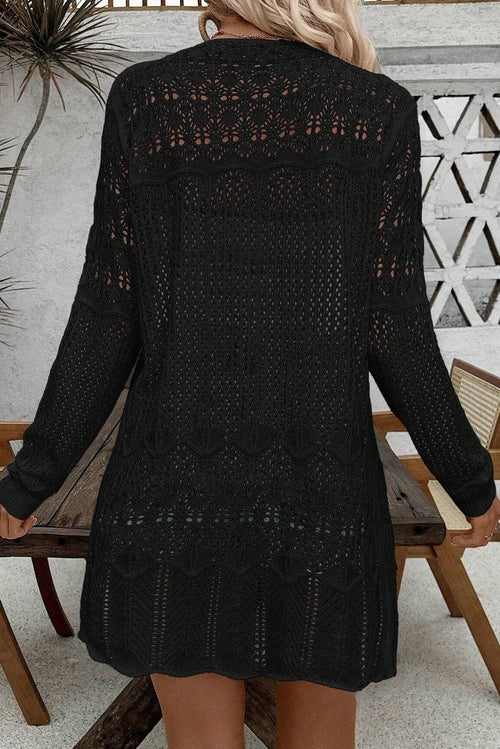 Black Crochet Hollow Out Open Front Cardigan - Crowned Energy CO.