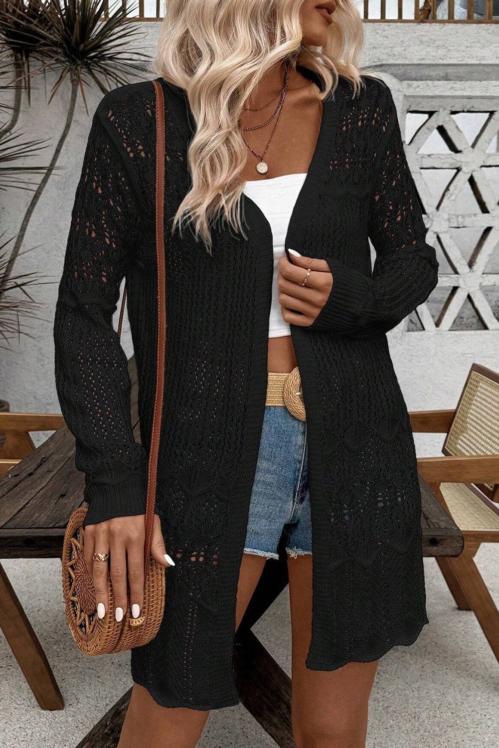 Black Crochet Hollow Out Open Front Cardigan - Crowned Energy CO.