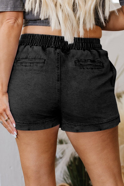 Black Drawstring Elastic Waistband Pocketed Denim Shorts - Goddess Vibes
