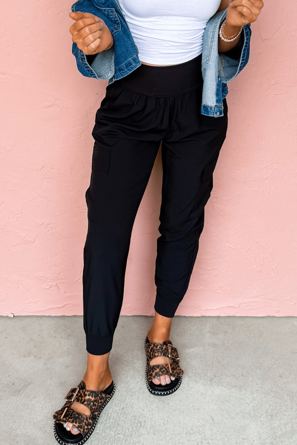 Black Elastic High Waist Pocketed Cargo Jogger Pants - Crowned Energy CO.