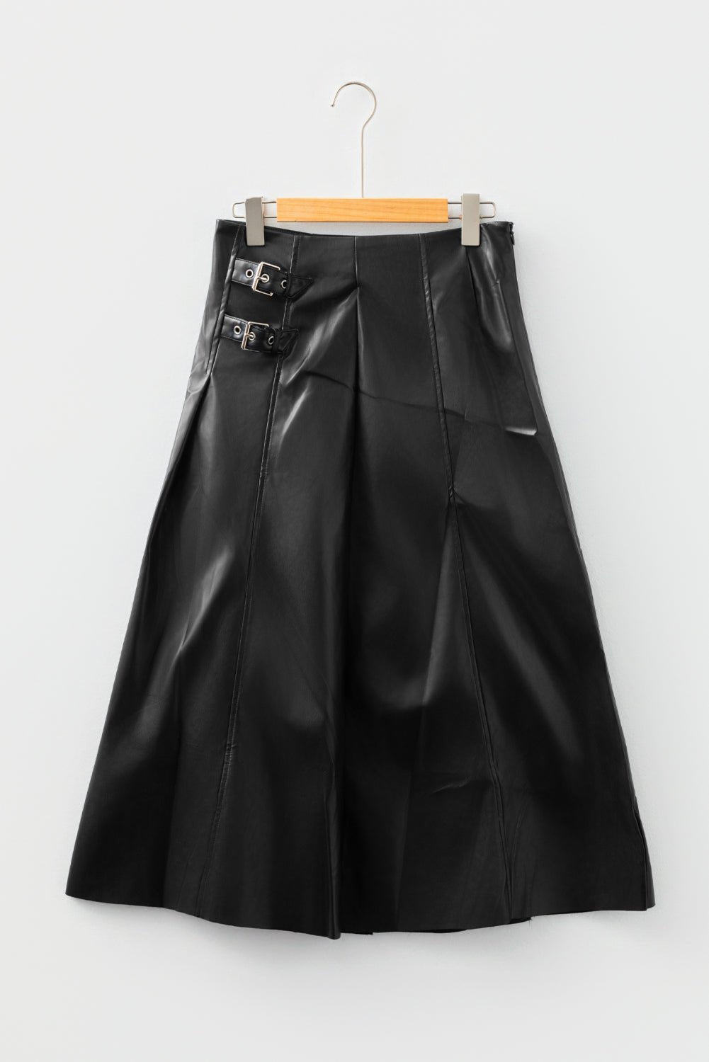 Black Faux Leather Retro Buckle Detail Pleated Stitch Flared Midi Skirt - Crowned Energy CO.