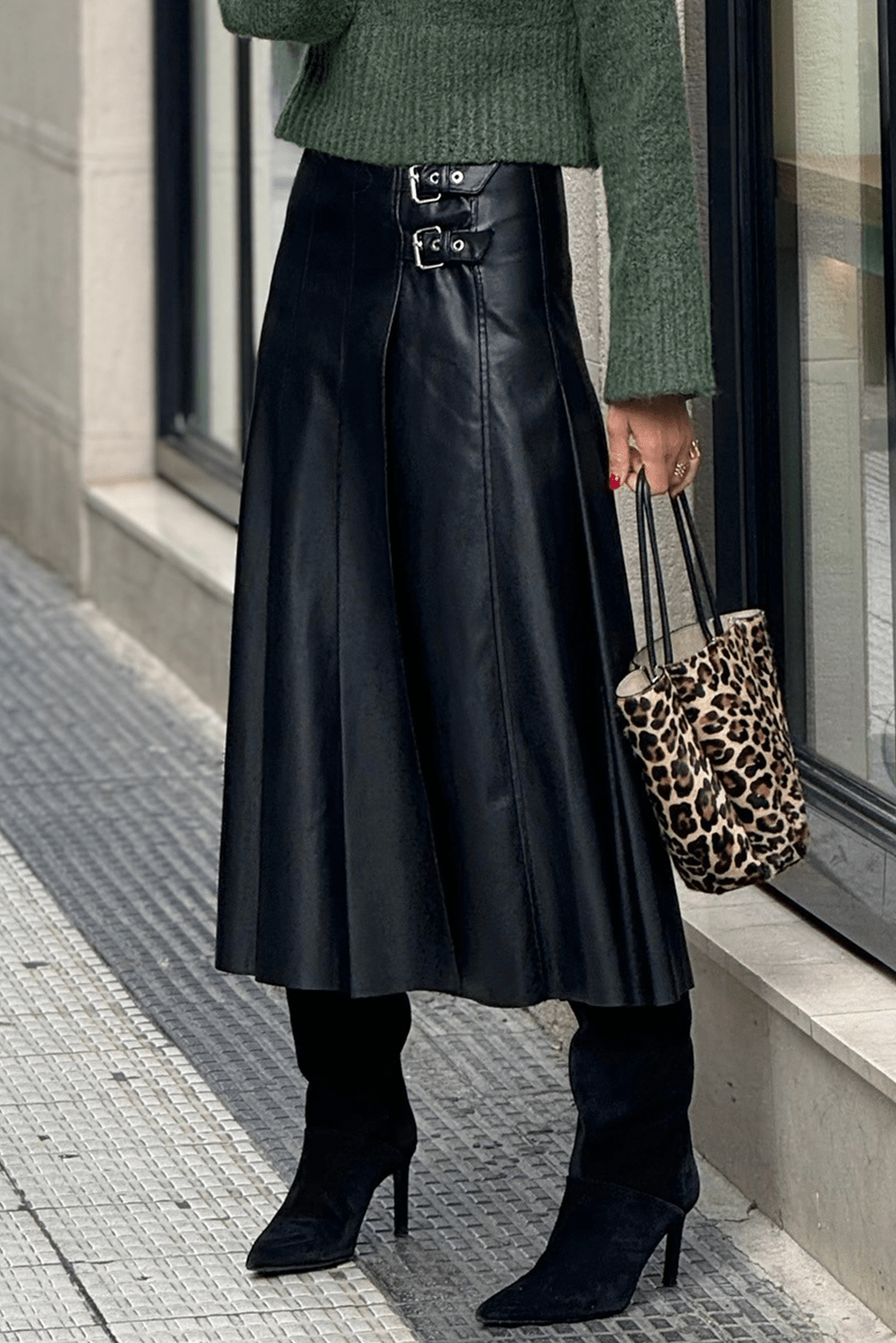 Black Faux Leather Retro Buckle Detail Pleated Stitch Flared Midi Skirt - Crowned Energy CO.