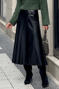 Black Faux Leather Retro Buckle Detail Pleated Stitch Flared Midi Skirt - Crowned Energy CO.