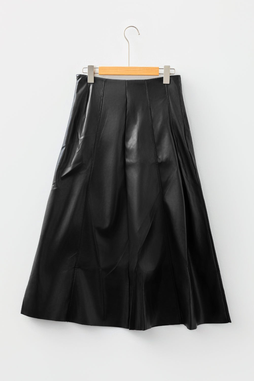 Black Faux Leather Retro Buckle Detail Pleated Stitch Flared Midi Skirt - Crowned Energy CO.