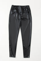Black Faux Leather Zipped Detail Leggings - Crowned Energy CO.