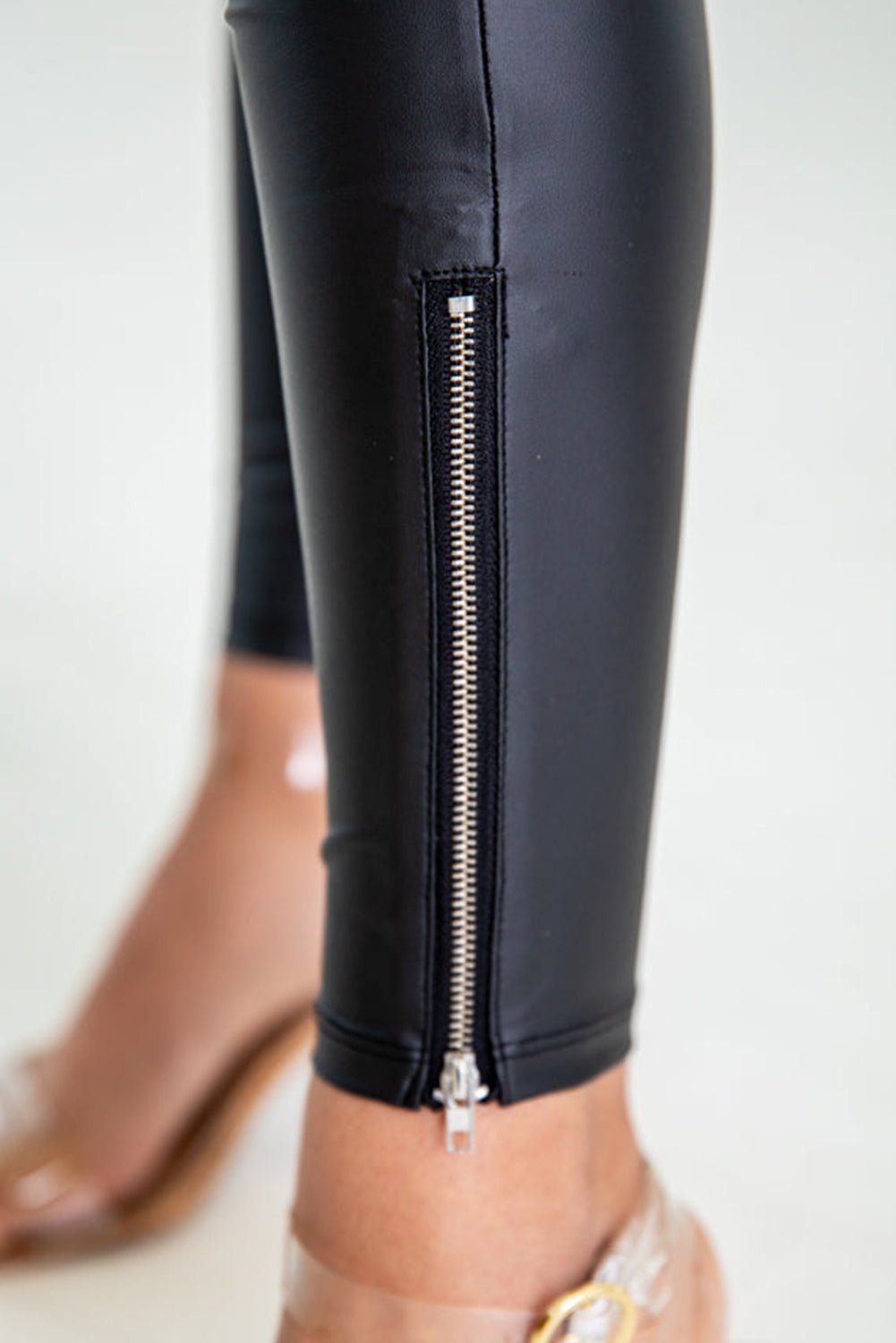 Black Faux Leather Zipped Detail Leggings - Crowned Energy CO.