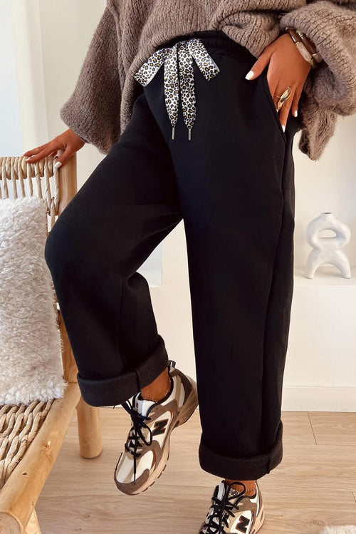 Black Fleece Lined Leopard Drawstring Elastic Waist Solid Pants - Crowned Energy CO.