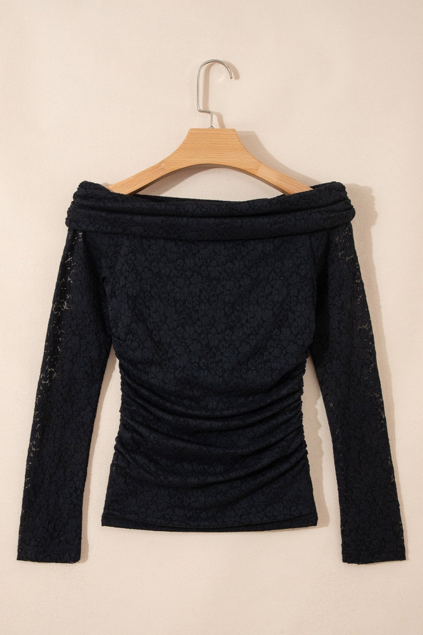 Black Floral Lace Off - shoulder Long Sleeve Slim Top - Crowned Energy CO.