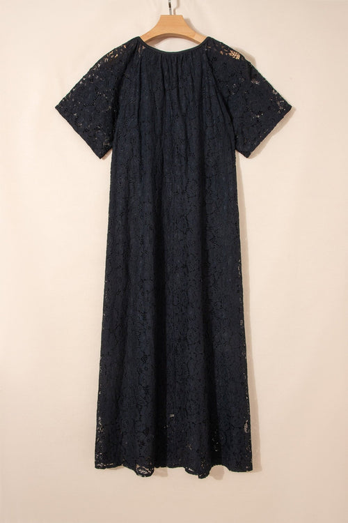 Black Floral Lace Overlay Tassel Tie Short Sleeve Beach Vacation Loose Maxi Dress - Crowned Energy CO.
