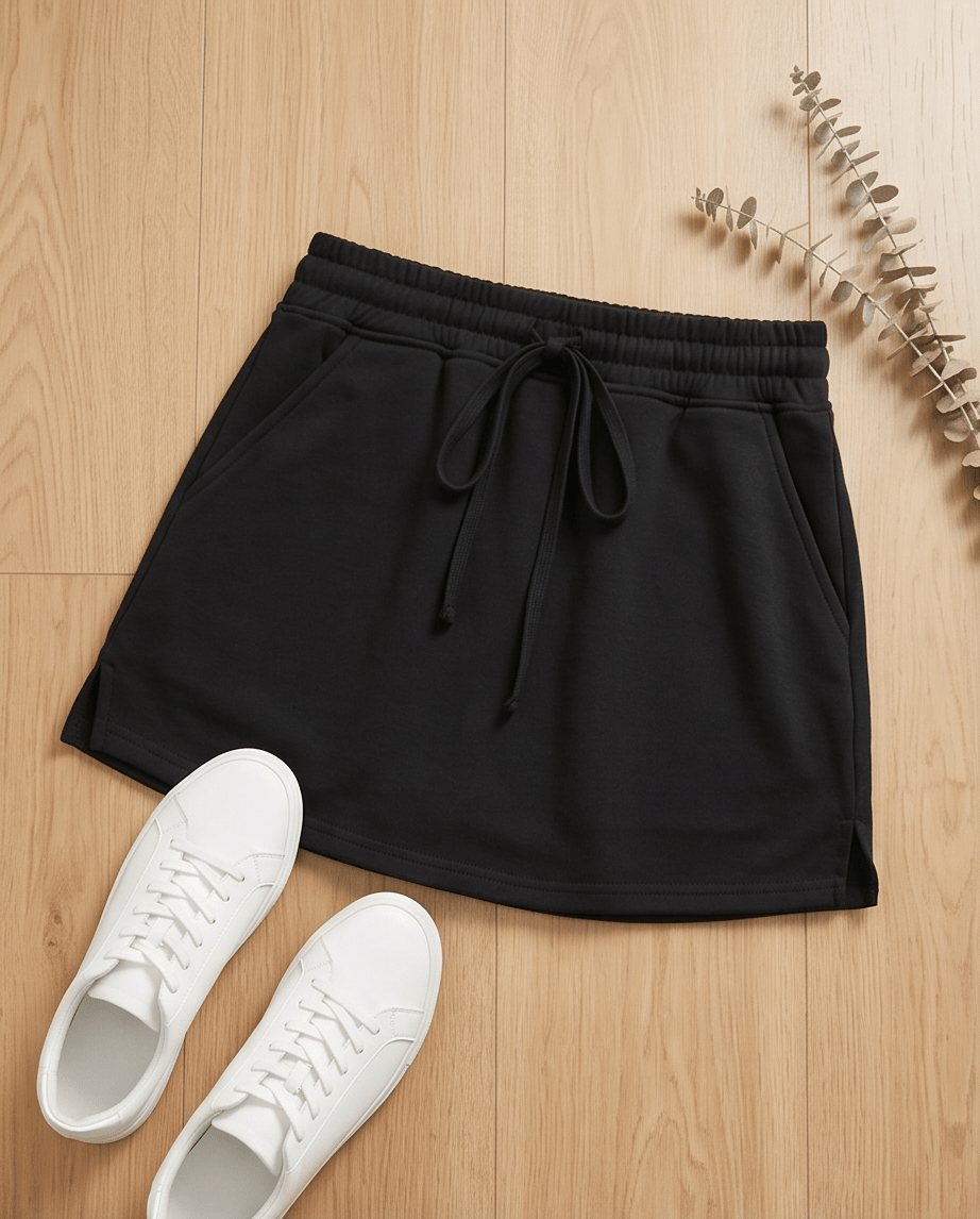Black French Terry Drawstring Elastic Waistband Mini Skort with Pockets - Crowned Energy CO.