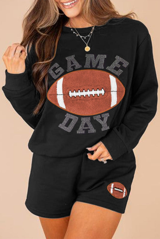 Crowned Energy CO. Black / S / 65%Polyester+35%Cotton Dear-Lover Dropshipping Two Piece Sets/Short Sets Black GAME DAY Rugby Football Graphic Pullover and Shorts Casual Outfit