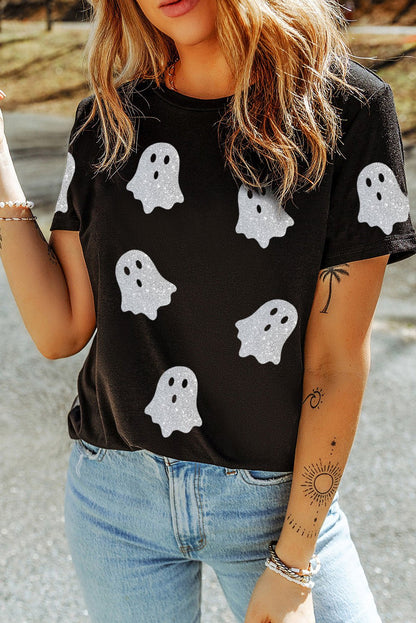 Black Glitter Ghost Pattern Crew Neck Halloween T Shirt - Goddess Vibes