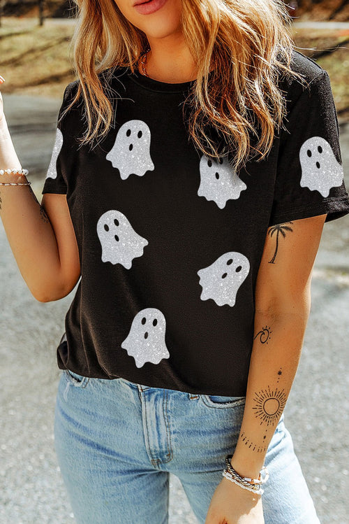 Crowned Energy CO. Black / S / 62%Polyester+32%Cotton+6%Elastane Dear-Lover Dropshipping Graphic/Graphic Tees Black Glitter Ghost Pattern Crew Neck Halloween T Shirt