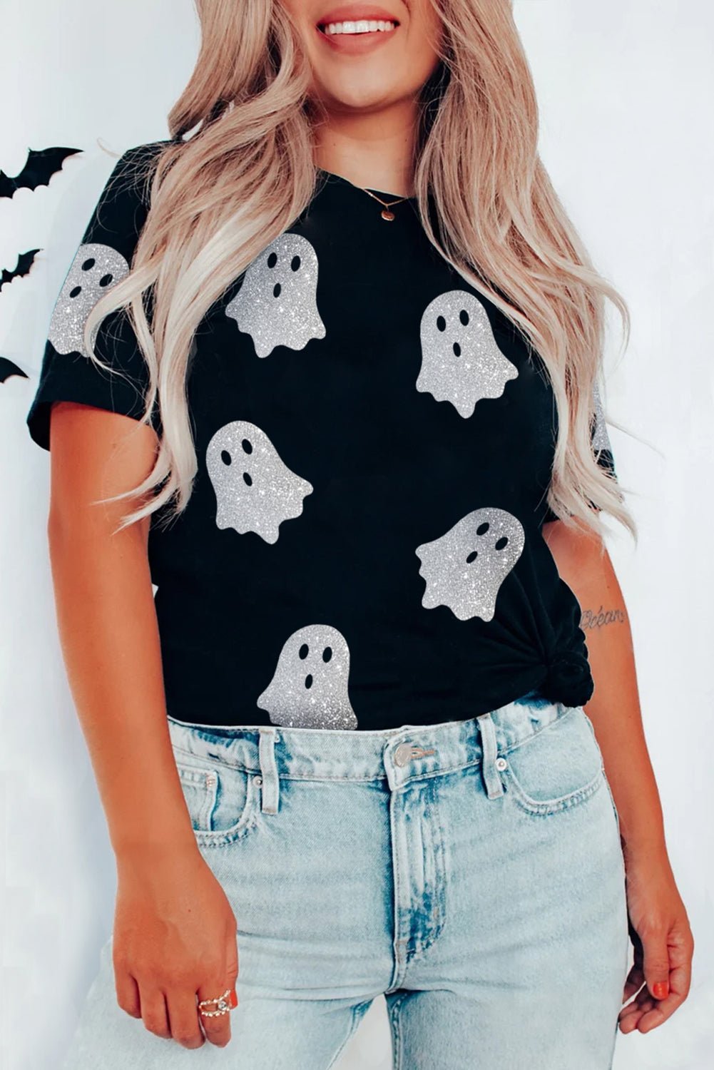 Black Glitter Ghost Pattern Crew Neck Halloween T Shirt - Goddess Vibes